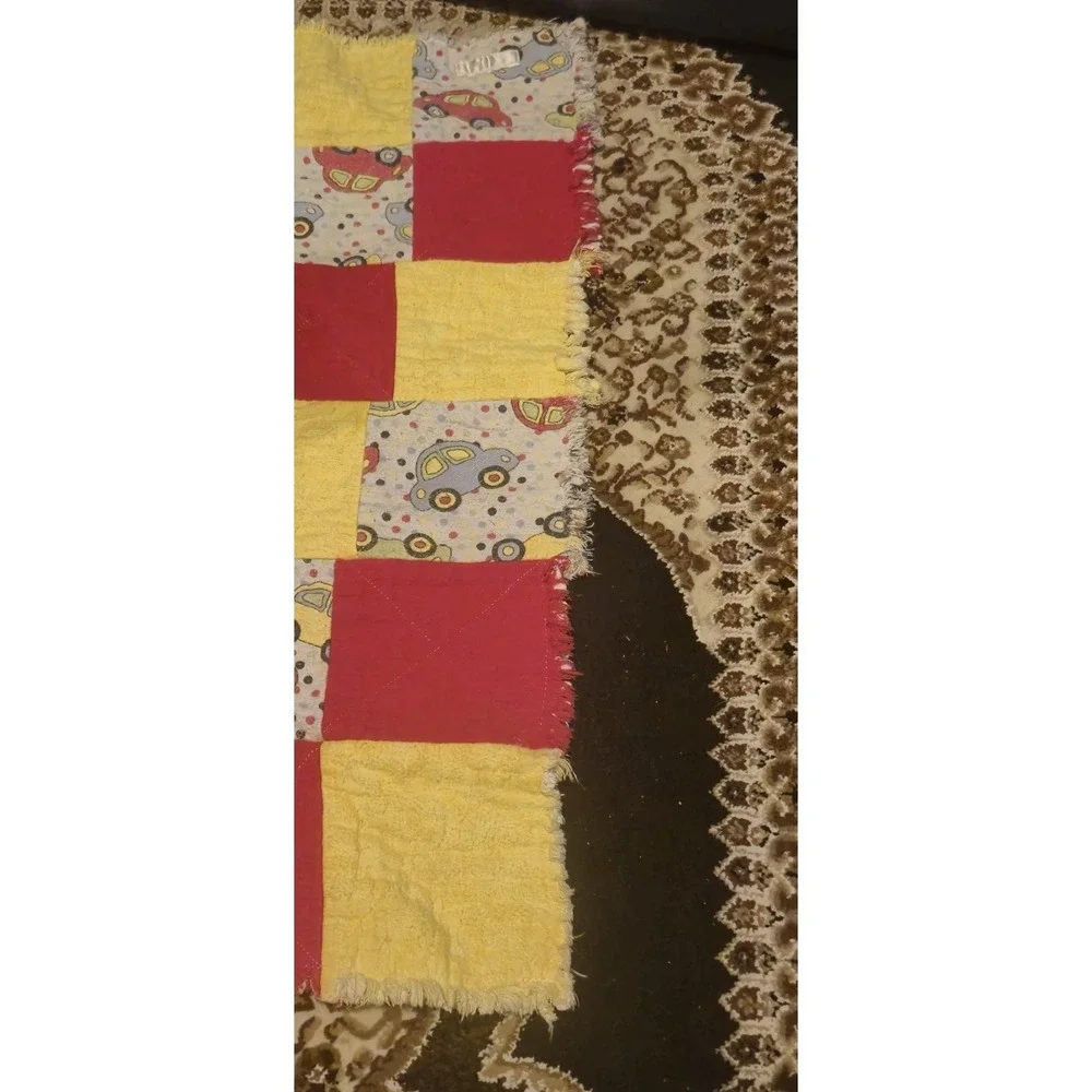 Handmade Rag‎ Quilt Baby Blanket  Red Yellow Cars Patchwork 37x27